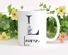 Load image into Gallery viewer, floral alphabet personalised mug, birthday gift, mother;s day, teacher&#39;s gifts
